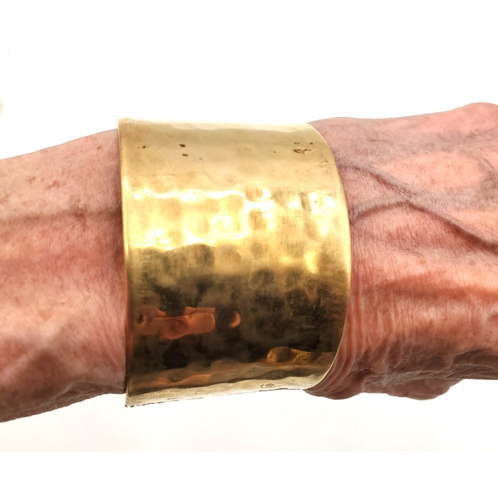 Vintage Wide Hammered Brass Cuff Bracelet Minimalist Statement Open Back - Picture 1 of 4